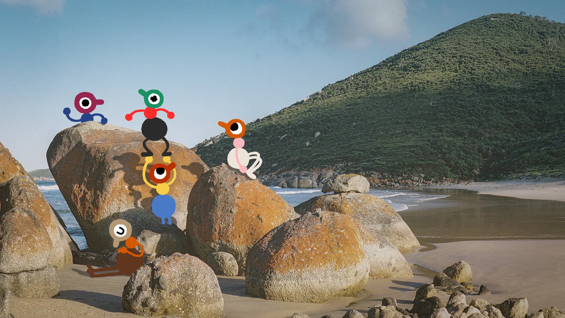 Big Walk characters exploring a rocky beach